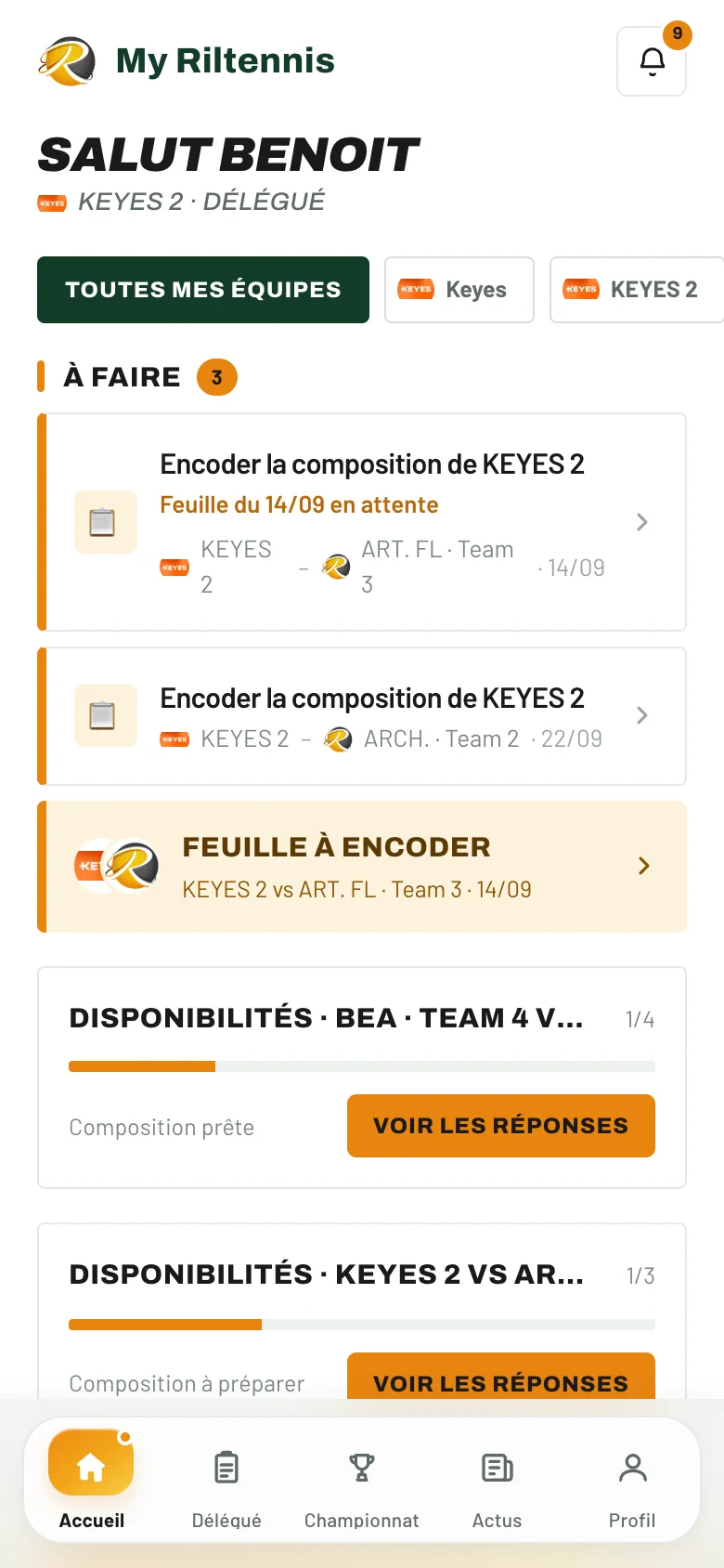 Tableau de bord personnel dans l’application My Riltennis