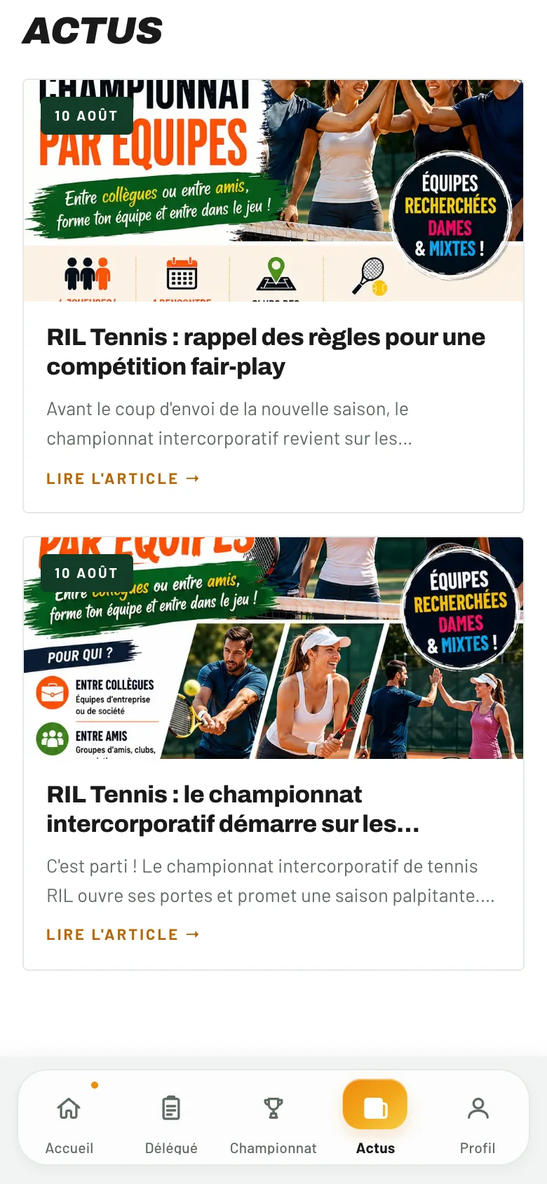 Actualités du championnat dans My Riltennis