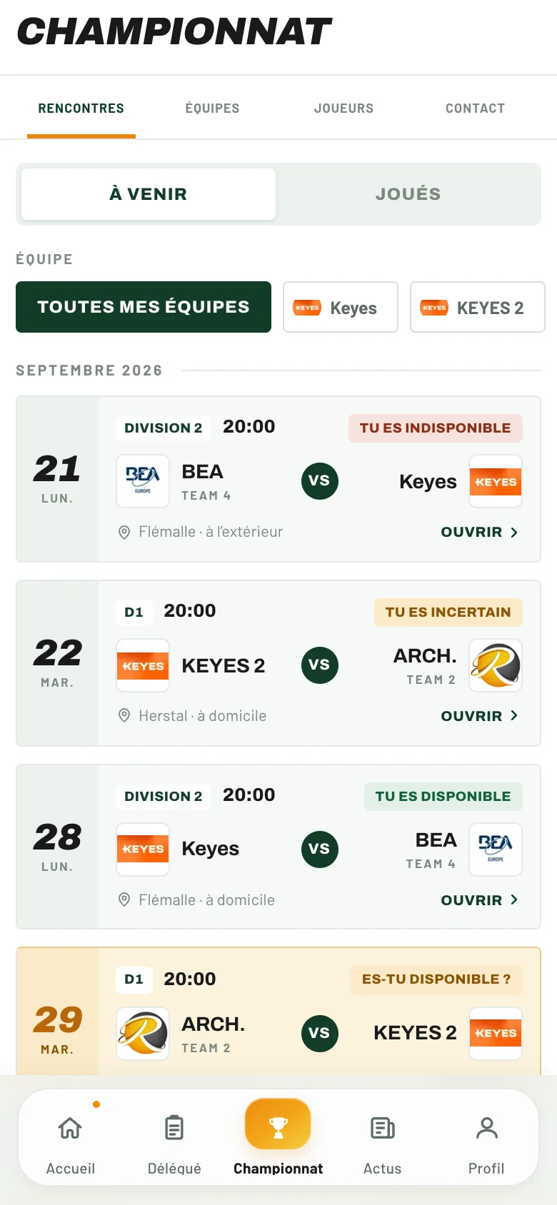 Calendrier des rencontres dans My Riltennis