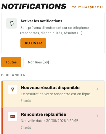 Écran Notifications de My Riltennis avec le bouton Activer